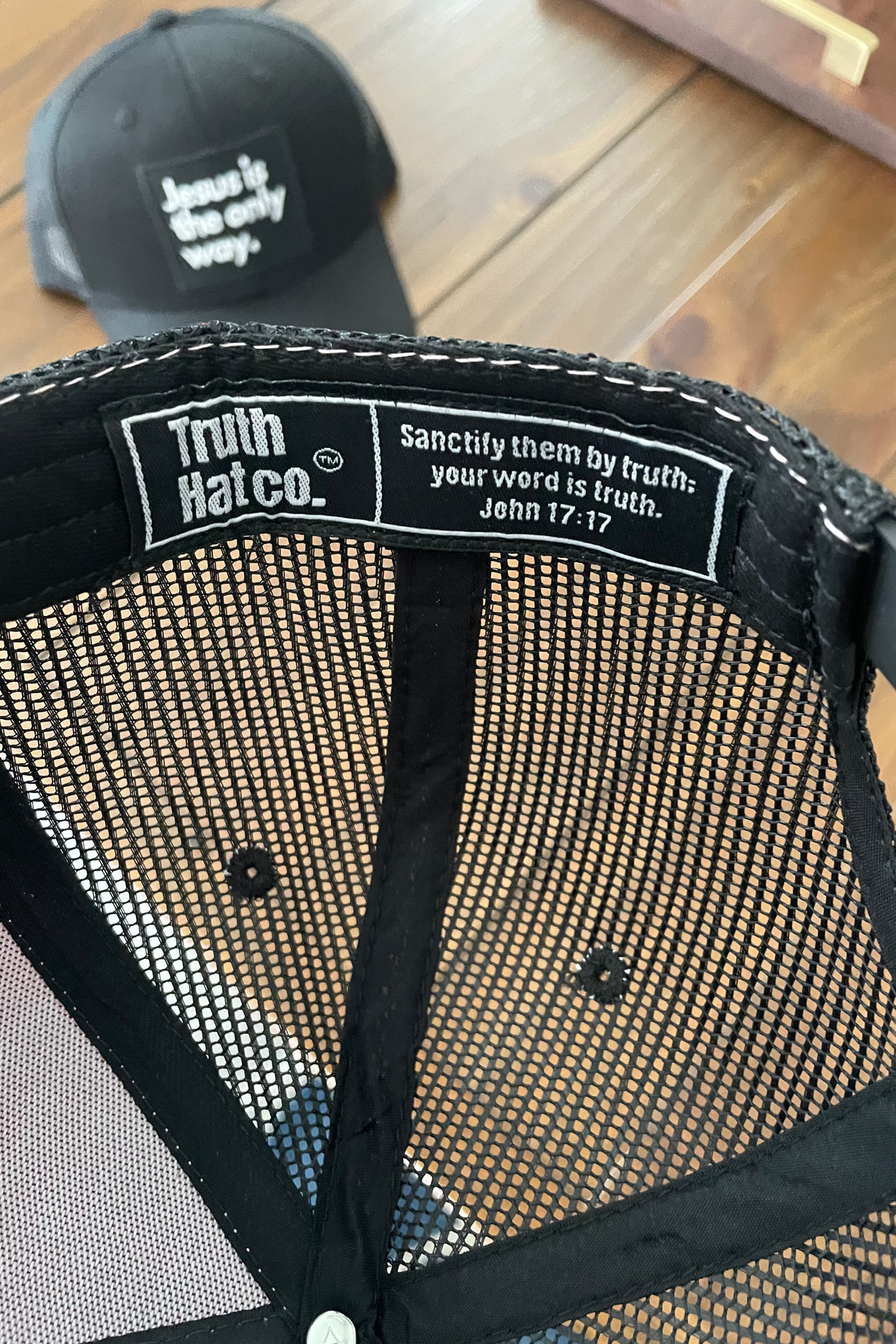 Hat sweat band with logo and  John 17:17 bible verse 