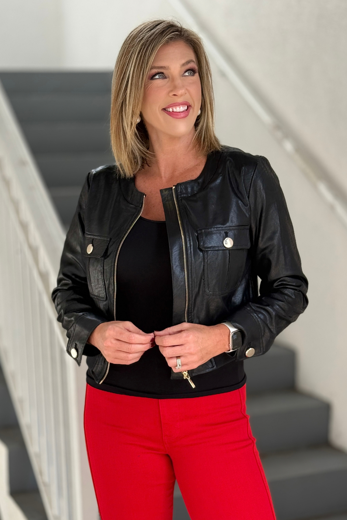 Insight NY black vegan pleather cropped jacket front view
