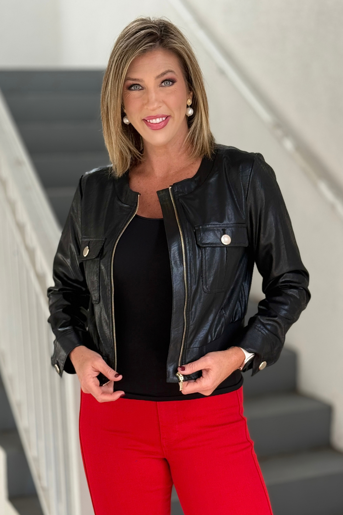 Black vegan pleather cropped jacket with flap pockets