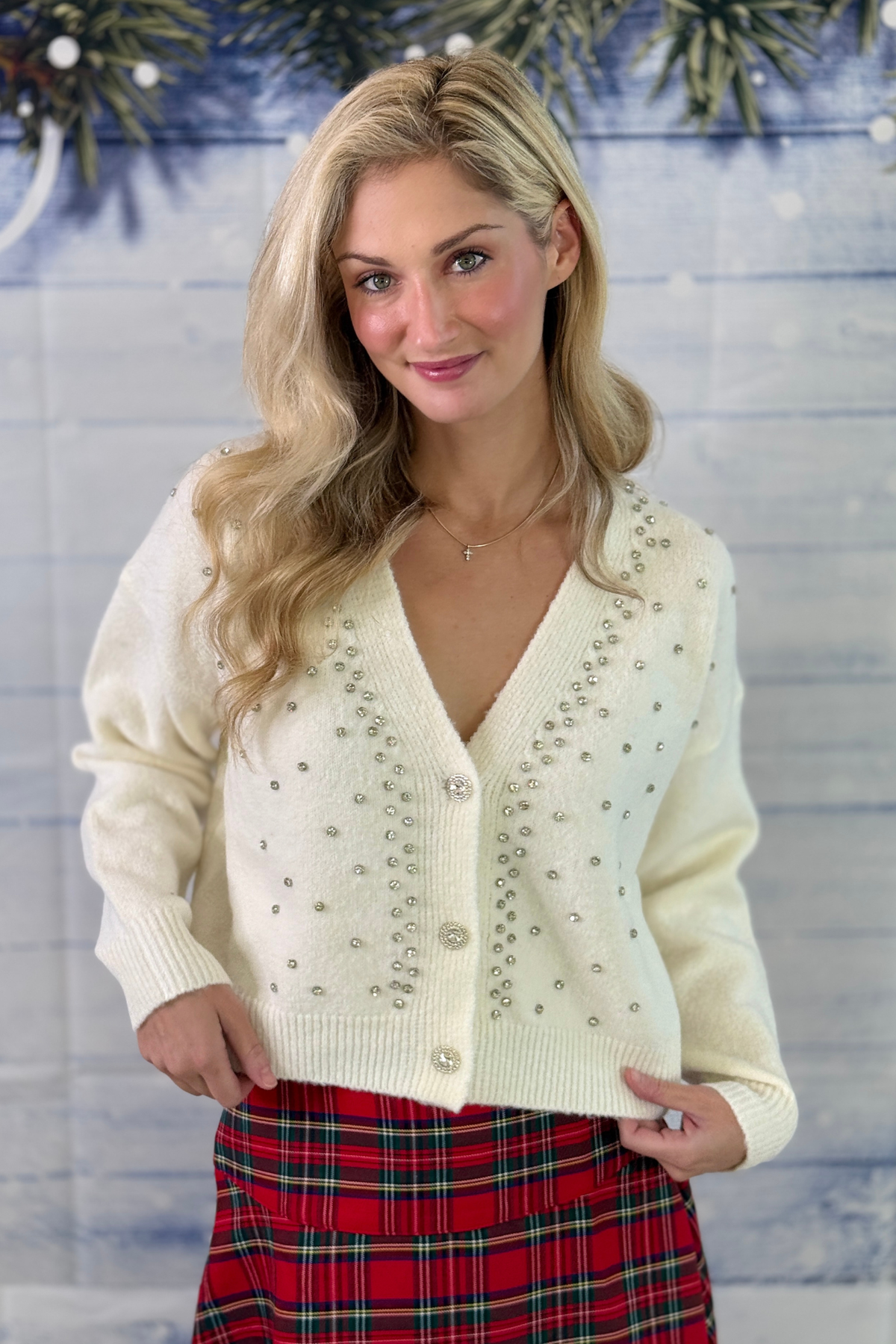 Ivory embellished V-neck holiday cardigan for women
