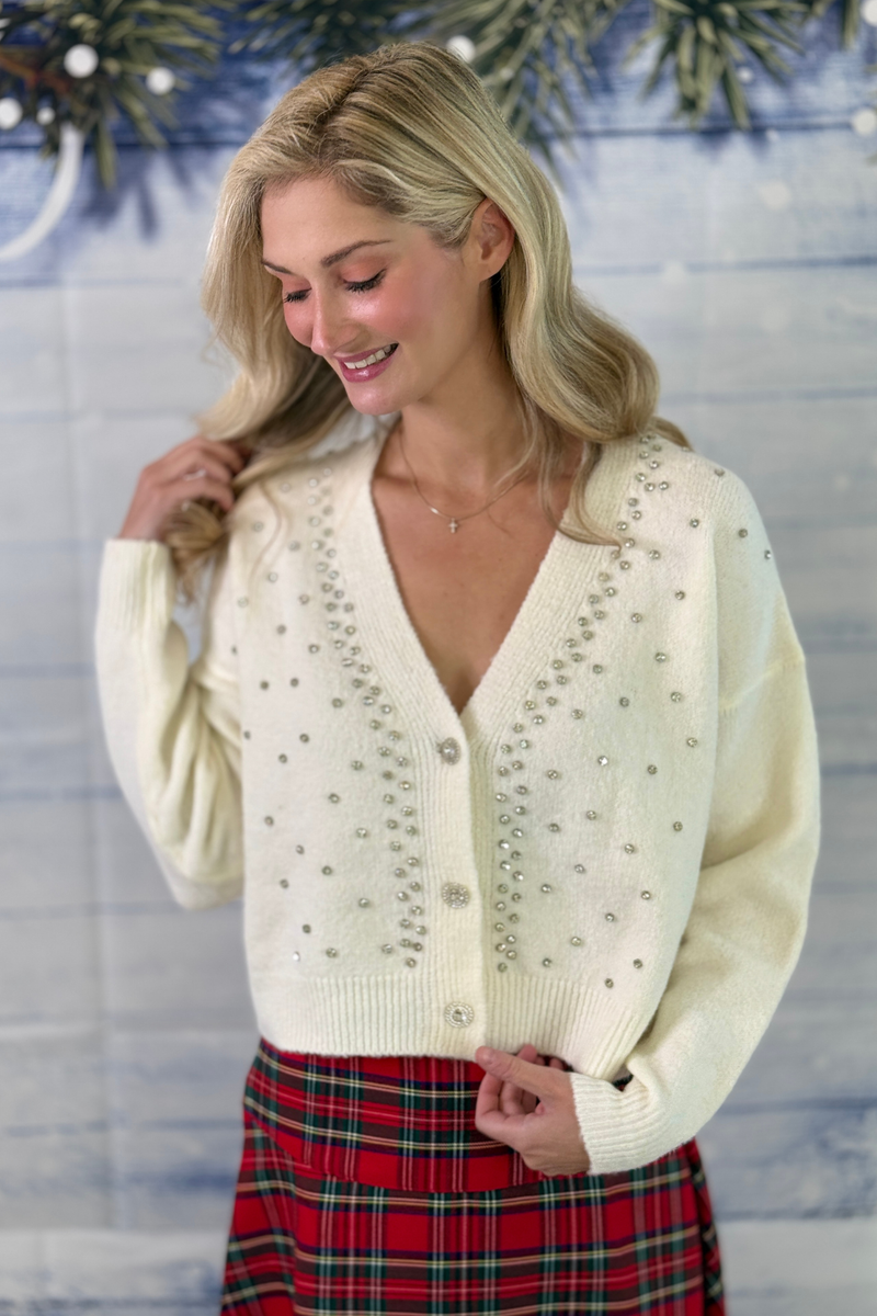 Women’s ivory sparkle cardigan with jeweled buttons