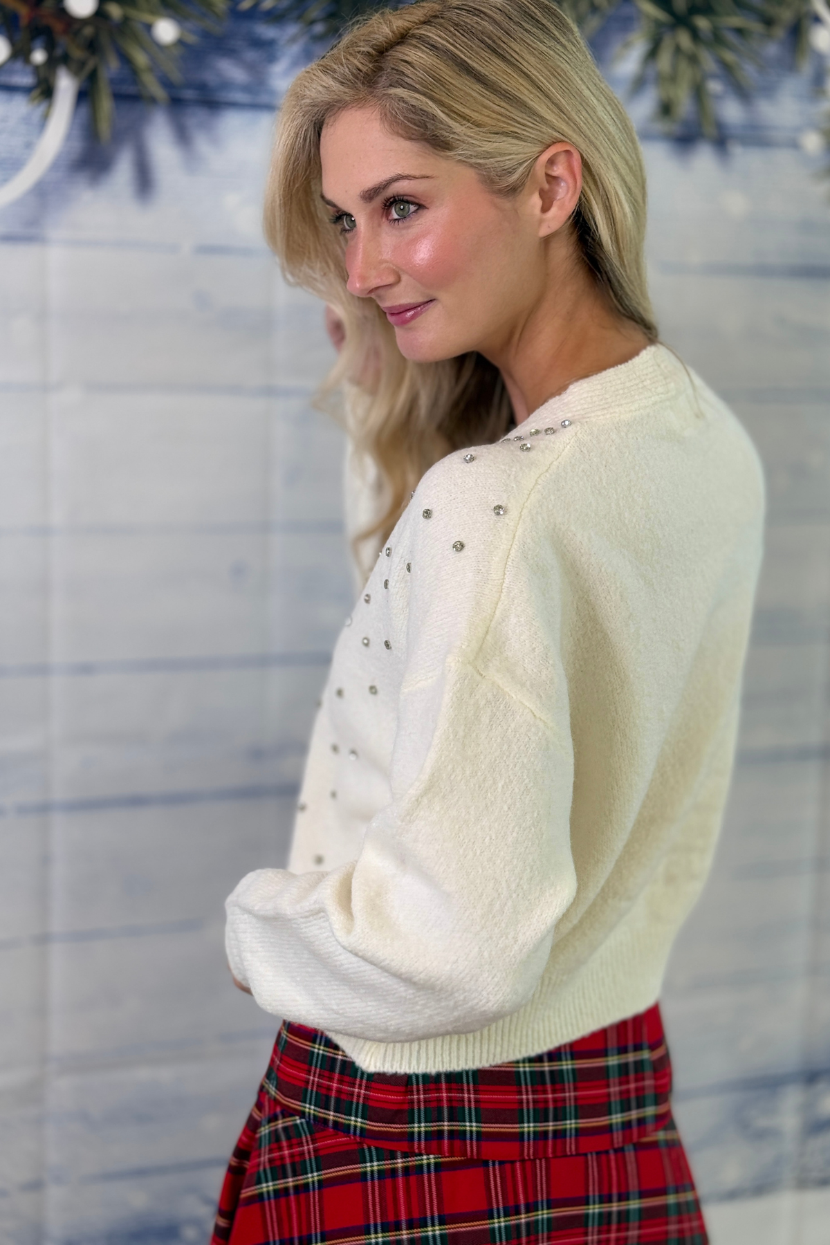 Women’s festive ivory cardigan for Christmas parties