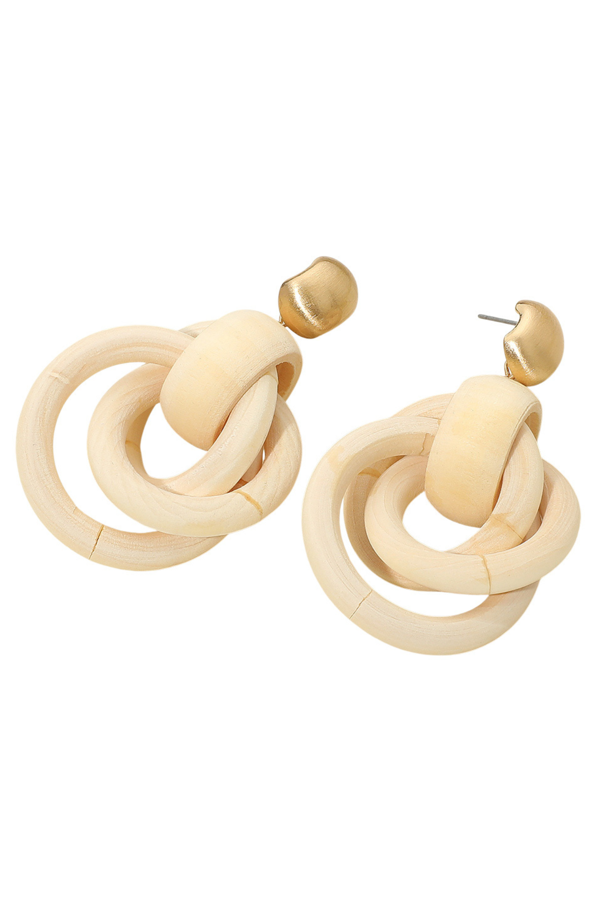 Ivory wooden interlocking knot dangle earrings with gold stud