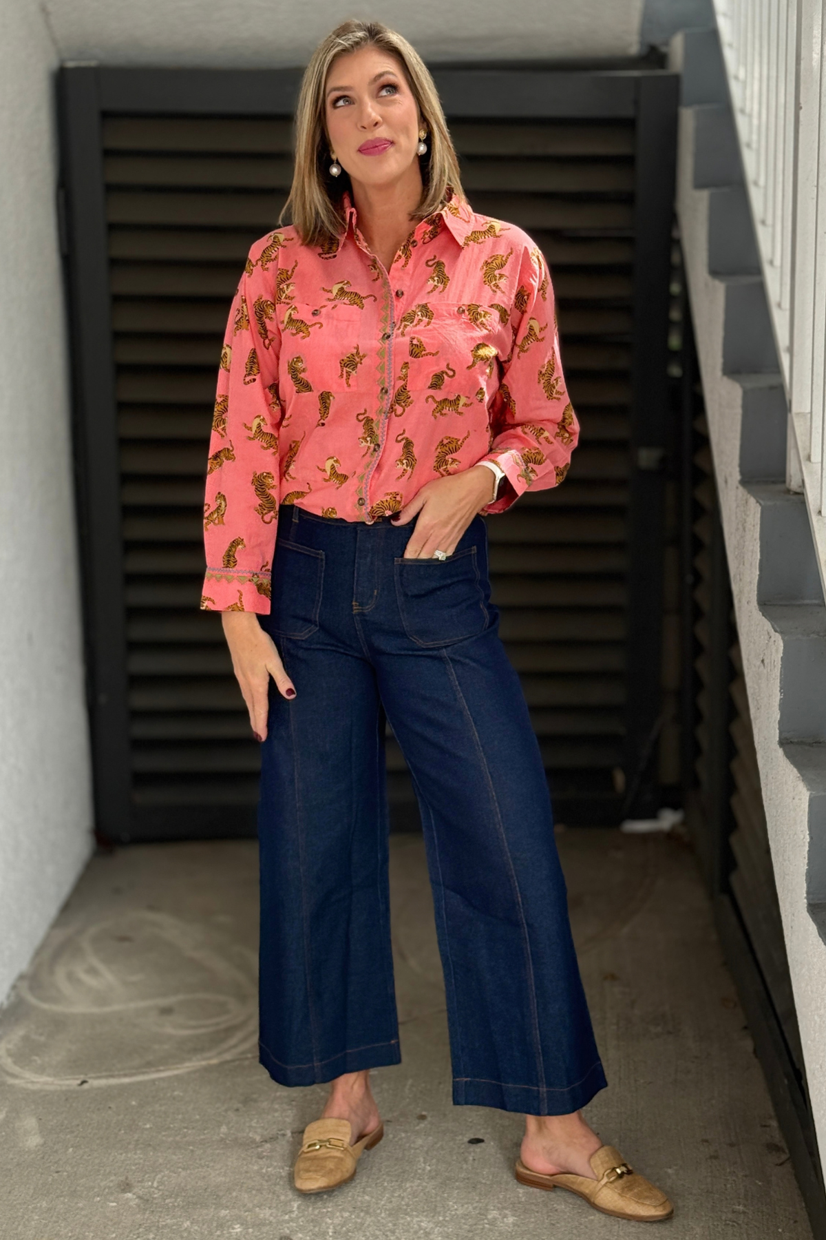 Tiger print shirt with embroidered front placket