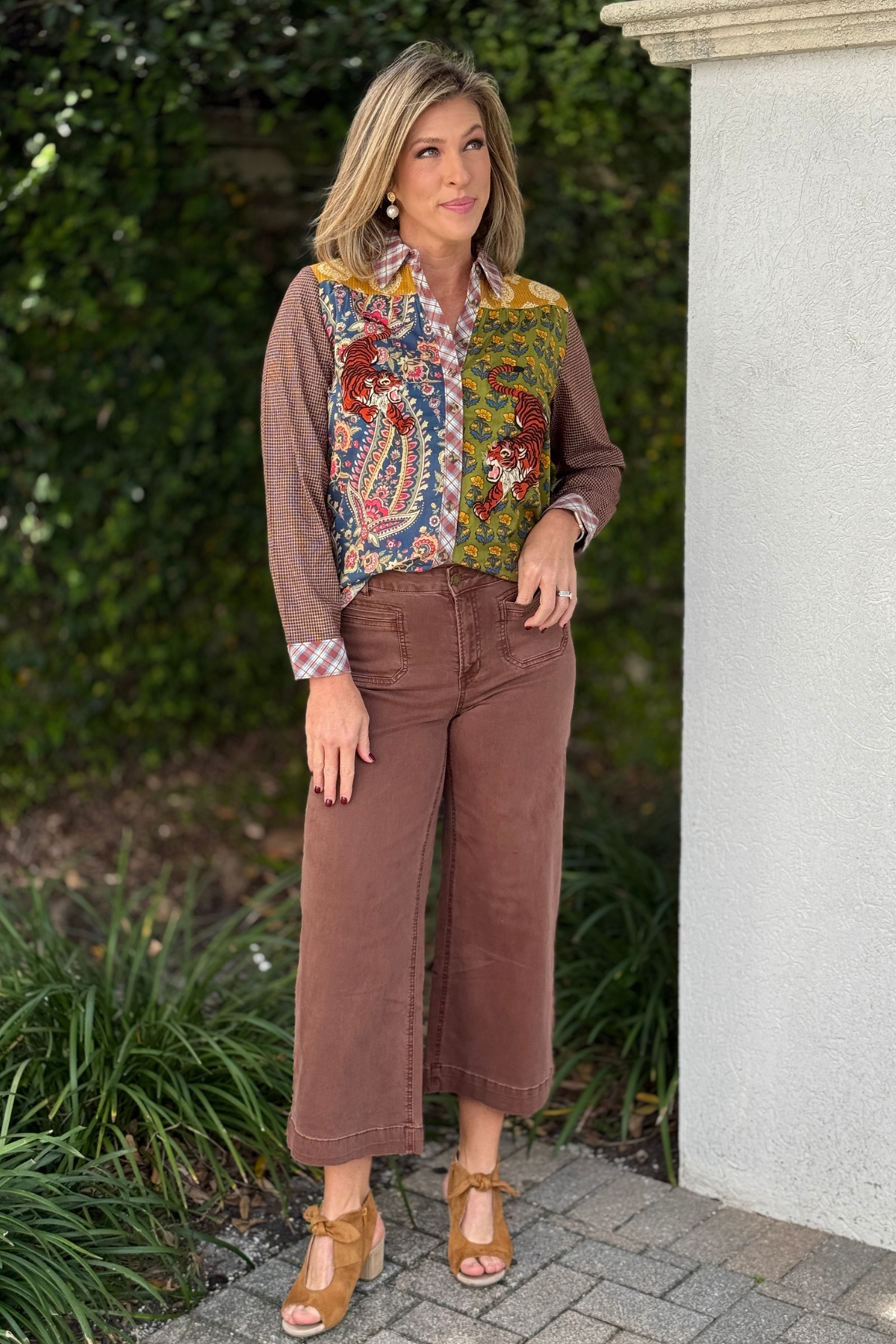 Women’s Ivy Jane patchwork button down styled with brown pants
