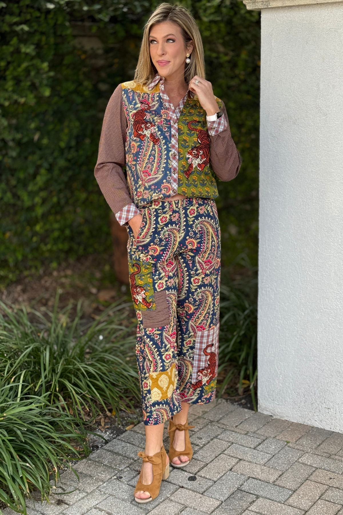 Women’s navy floral paisley barrel pants with embroidered tiger patches