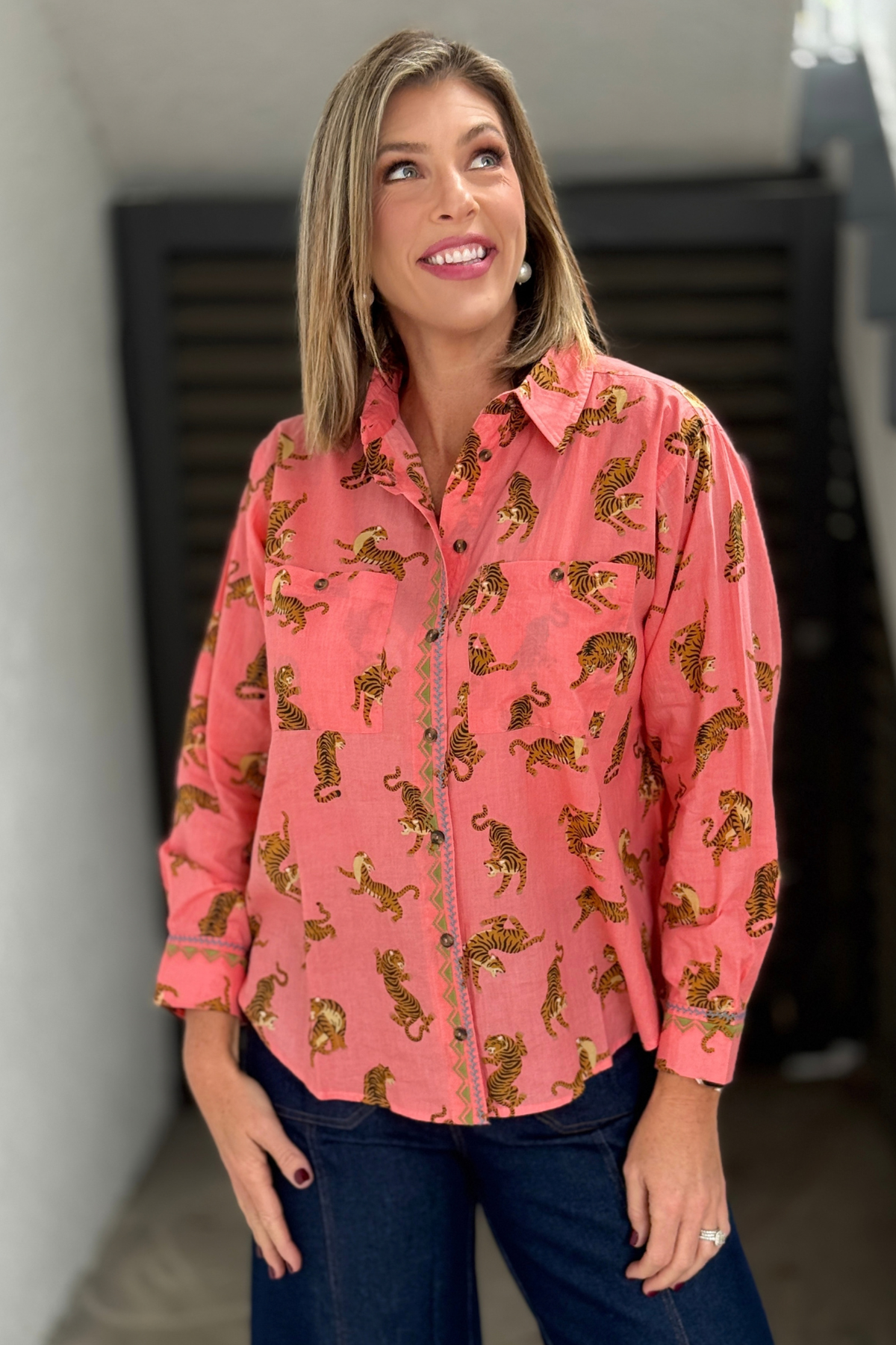 Coral pink tiger print women’s button down blouse