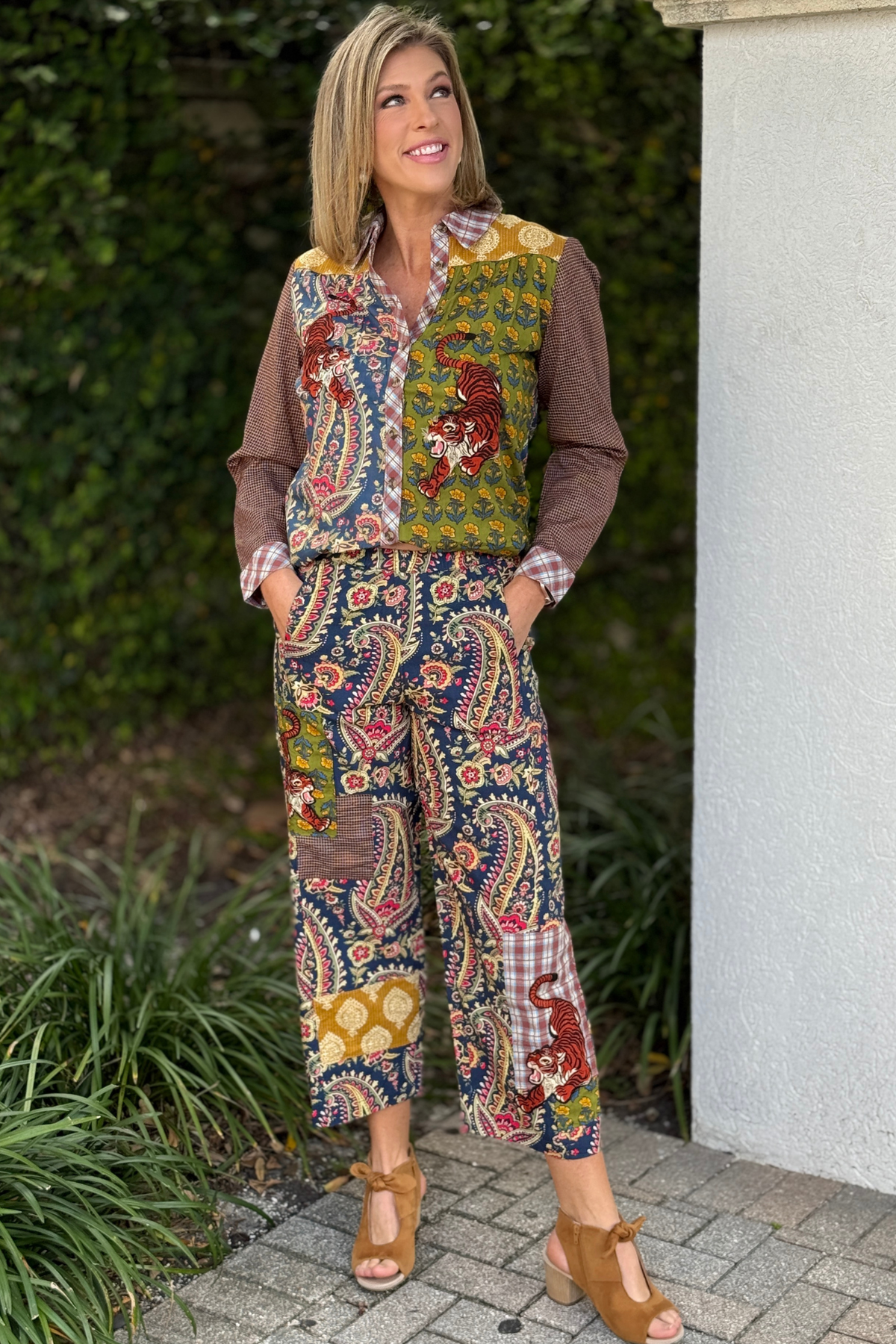 Navy multi barrel leg pants with floral and paisley print