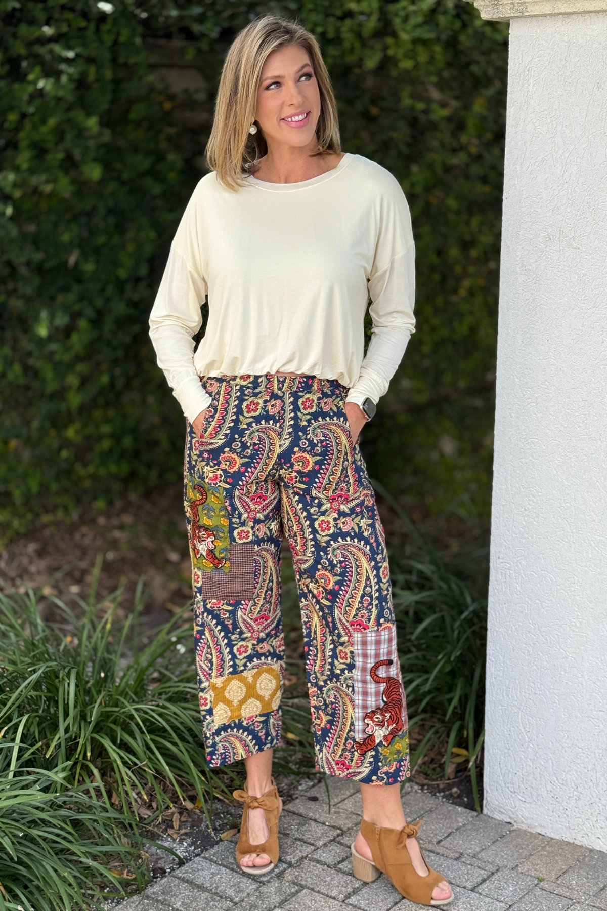 Ivy Jane Tiger Patchwork Barrel Pants in Navy Multi