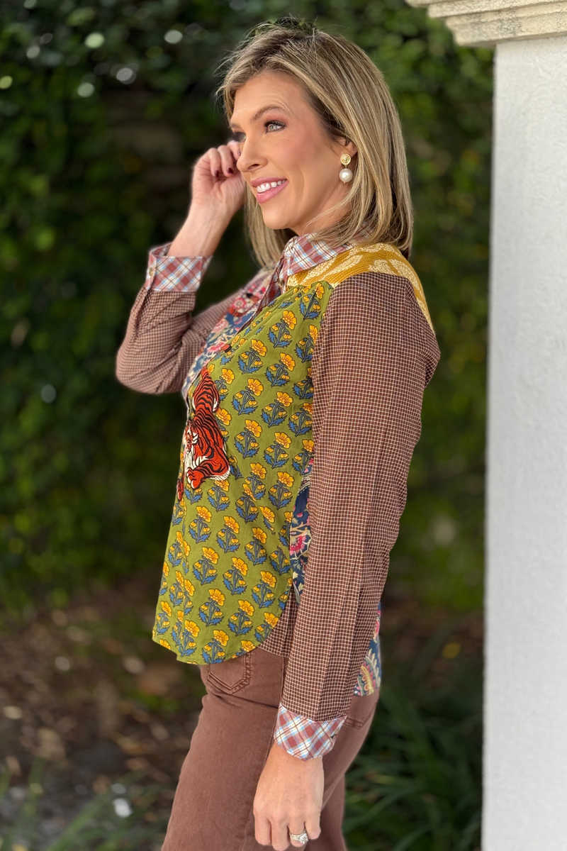 Women’s mixed print button down shirt with embroidered tiger patches
