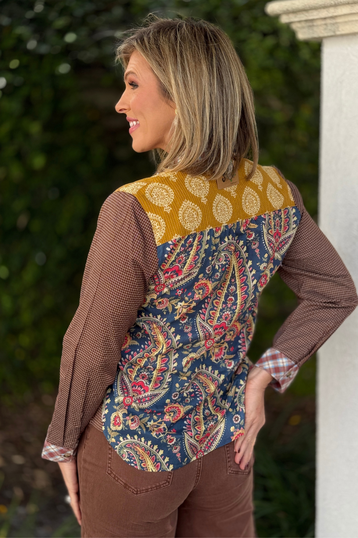 Ivy Jane patchwork blouse with paisley floral plaid and tiger embroidery