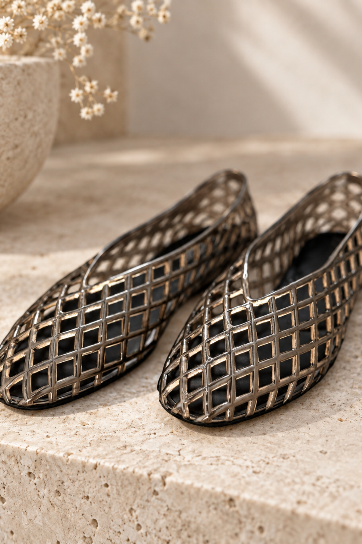 Women’s Smokey Black woven jelly flats with lattice design