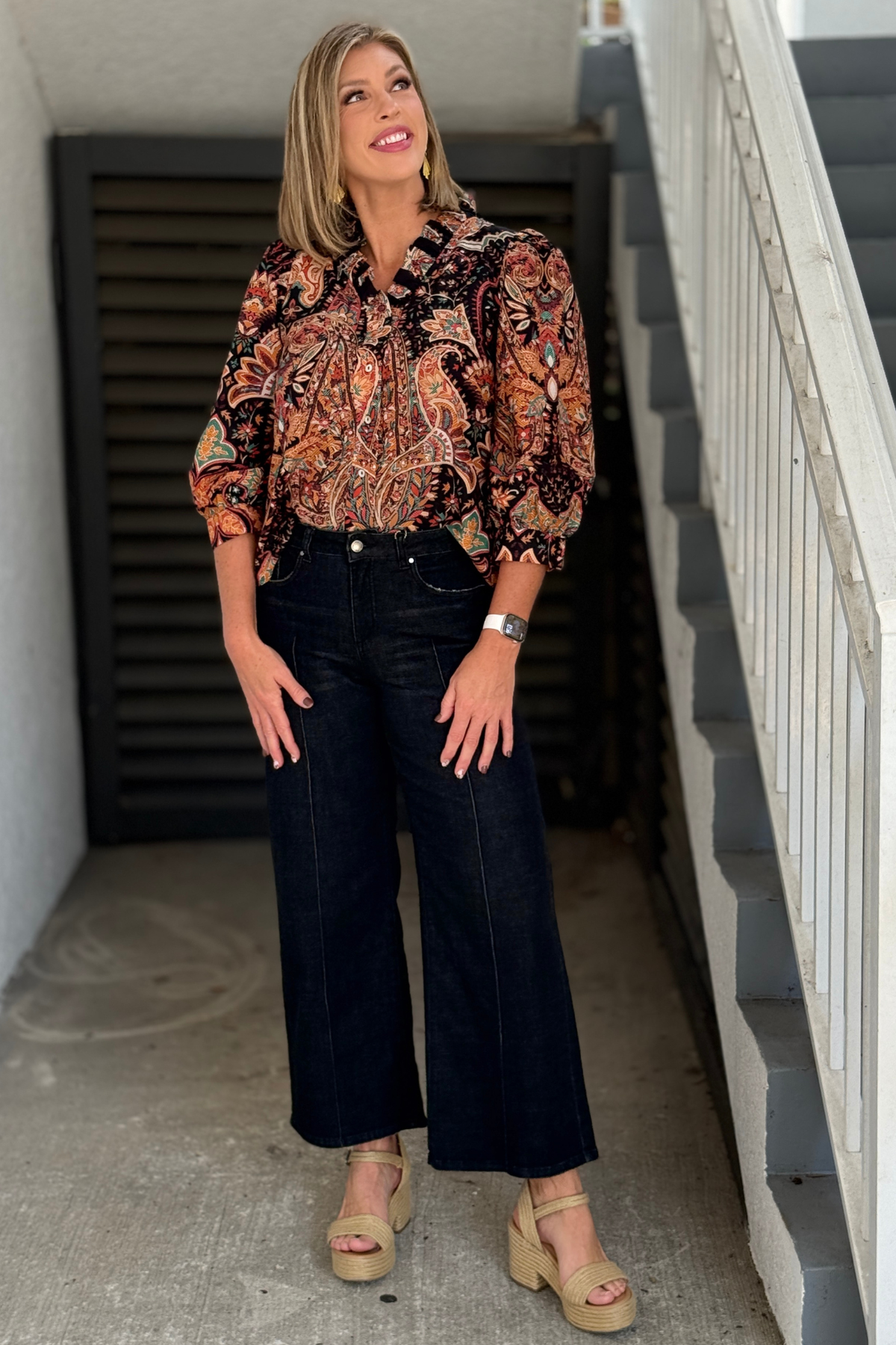 Dark paisley floral top with 3/4 puff sleeves