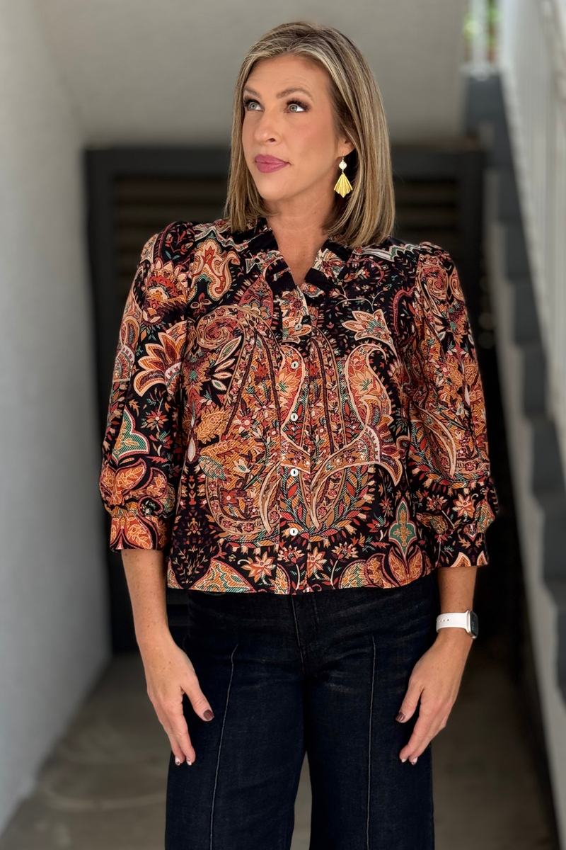 Women's boho floral button down blouse with ruffled neckline