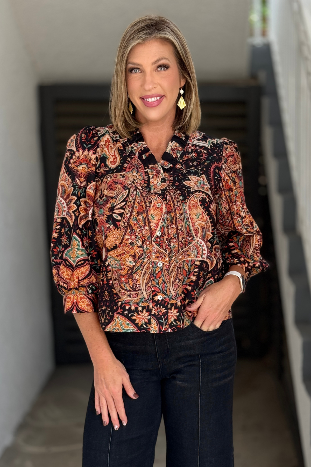 Free Spirit Boho Floral Button Down Top front view