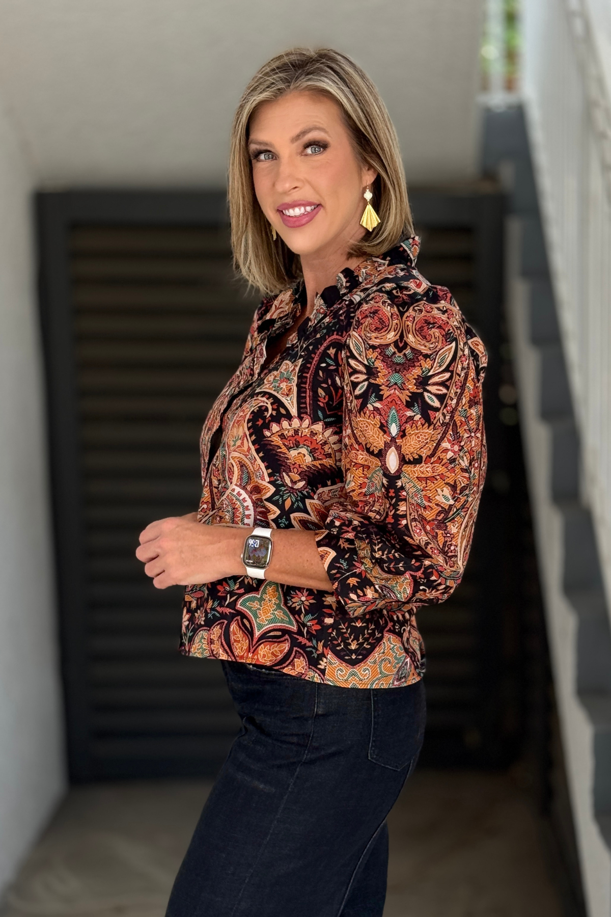 Boho paisley button down top in rust teal and black print