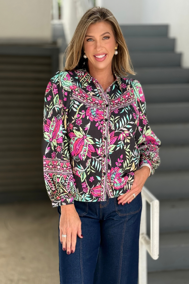 Women’s black floral button-front blouse with pink and teal print