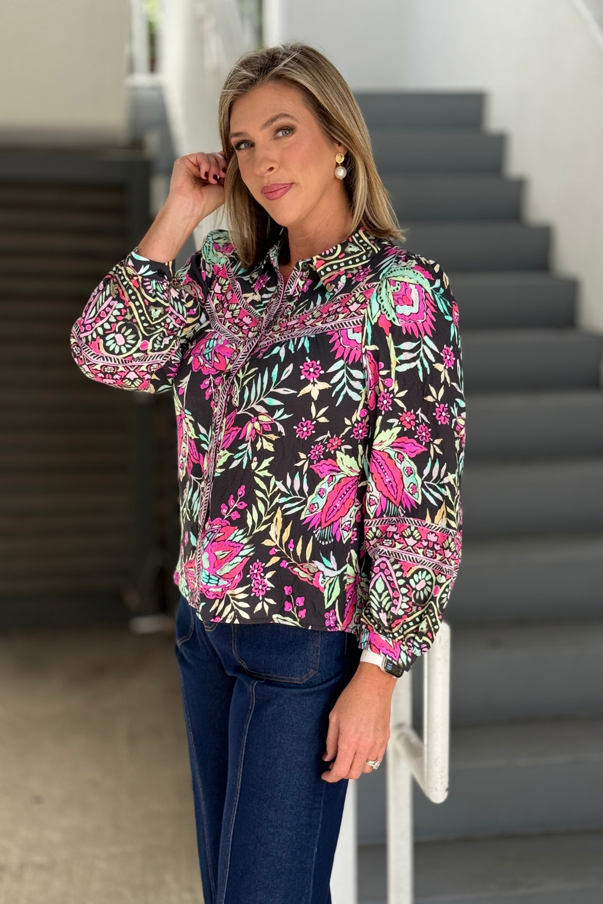 Colorful floral and butterfly collared blouse for women