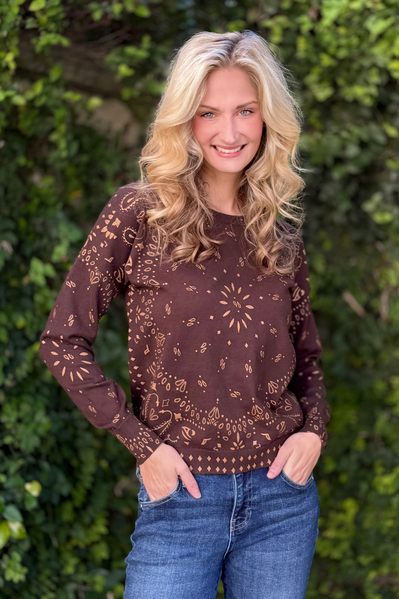 Close-up of brown bandana print knit sweater pattern