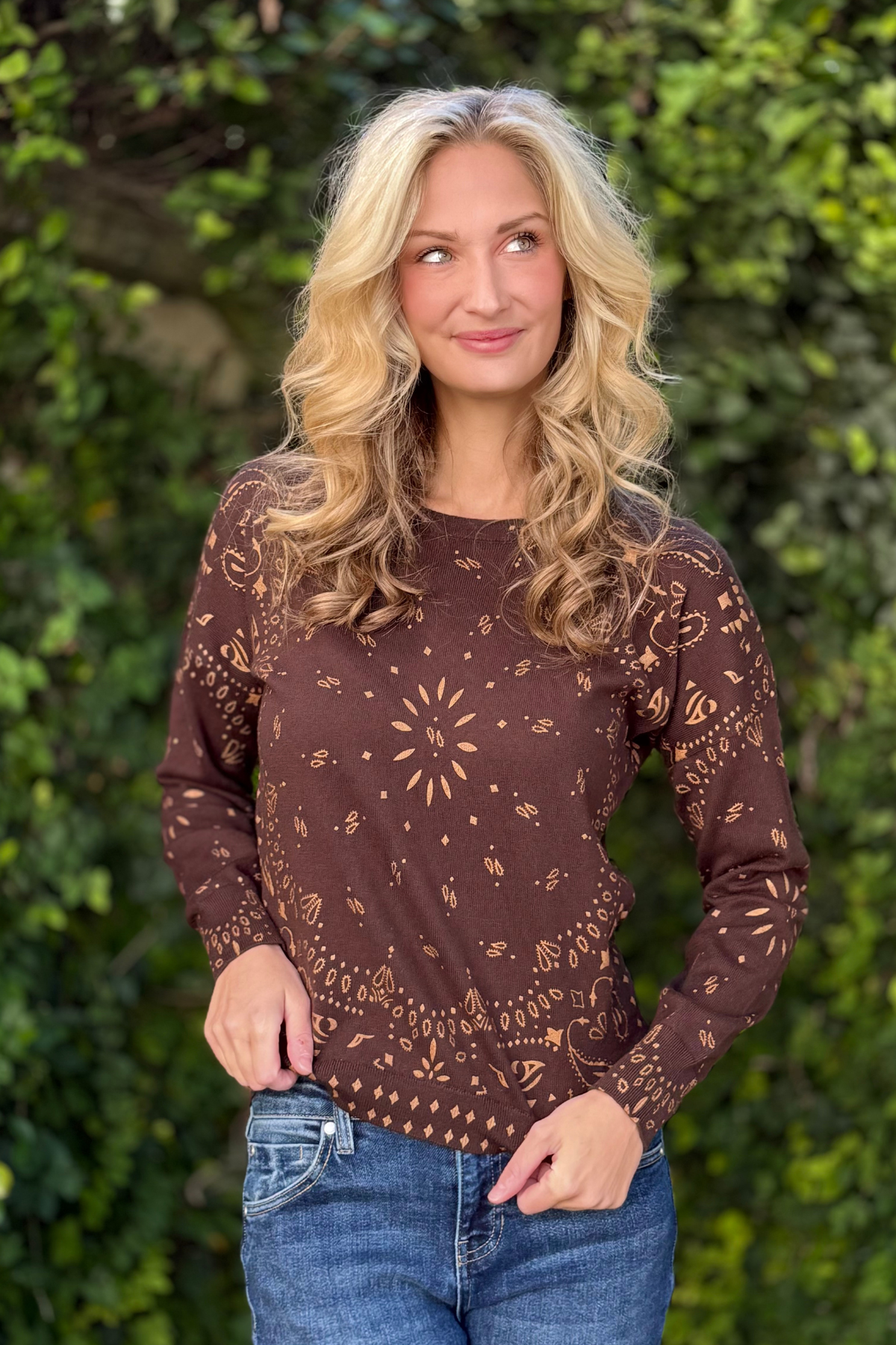 J. Society lightweight brown sweater with bandana design