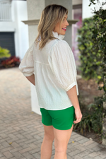 Jade Melody Tam White High Neck Puff Sleeve Top