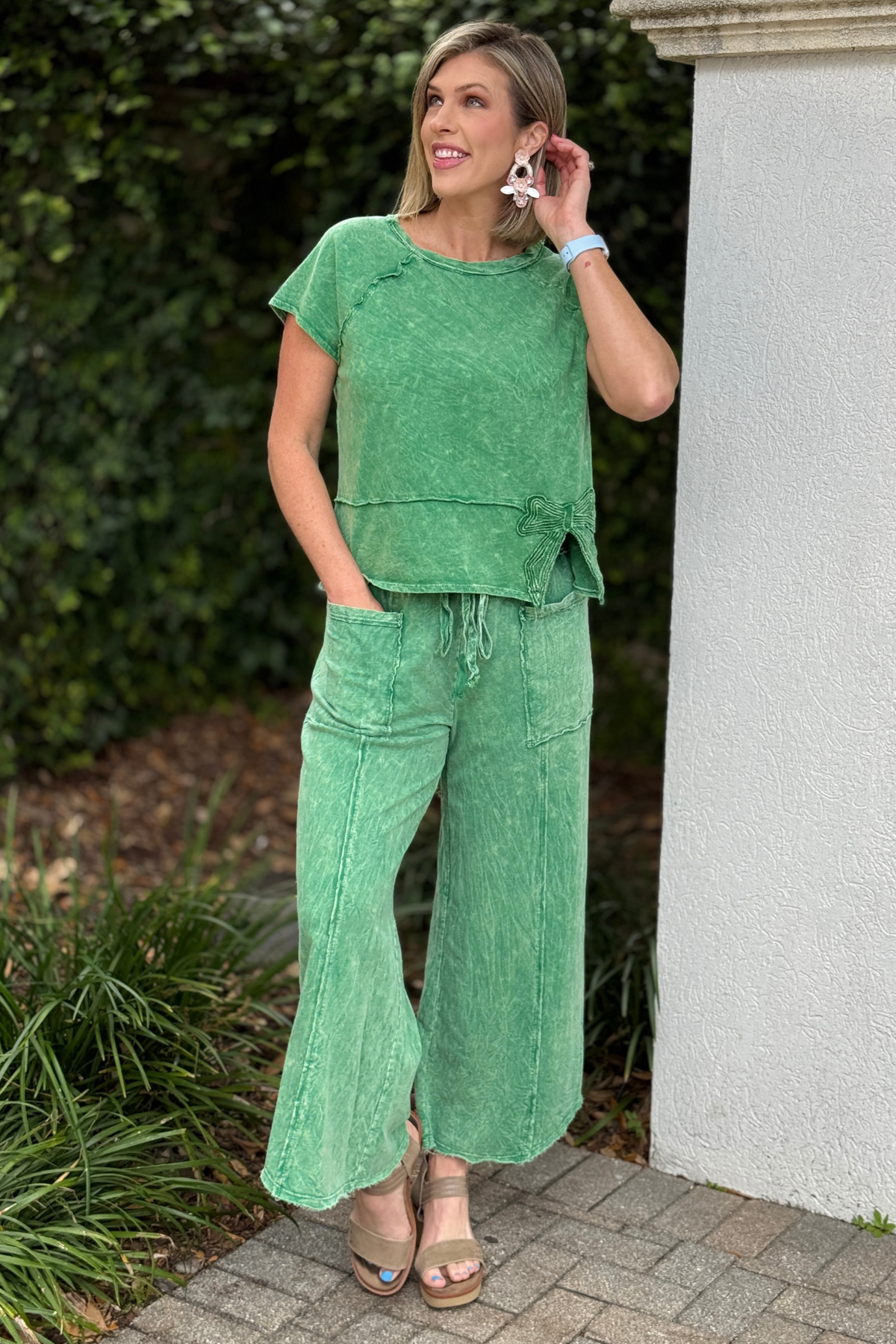 Green mineral wash two piece set with wide leg cropped pants