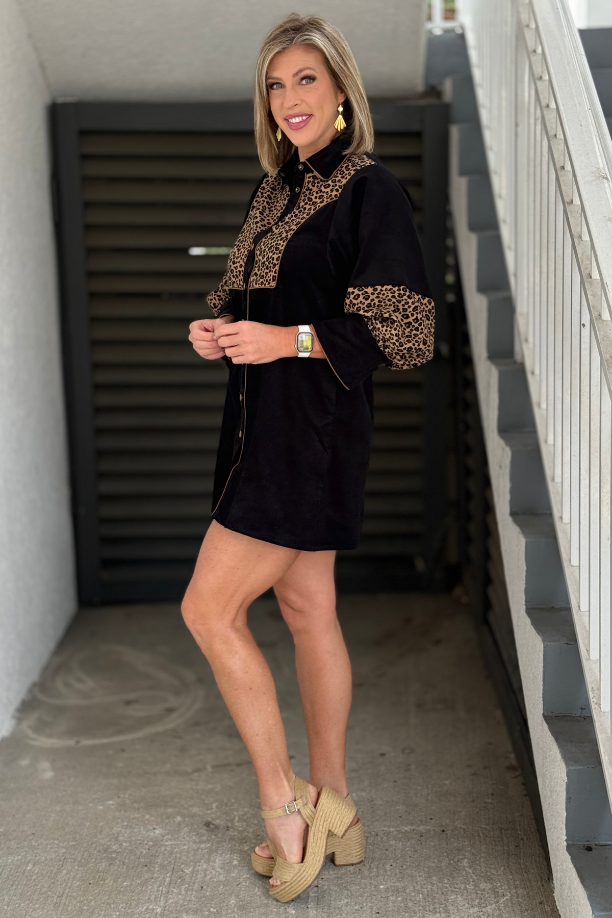 Black snap front fall dress with leopard sleeve detailing