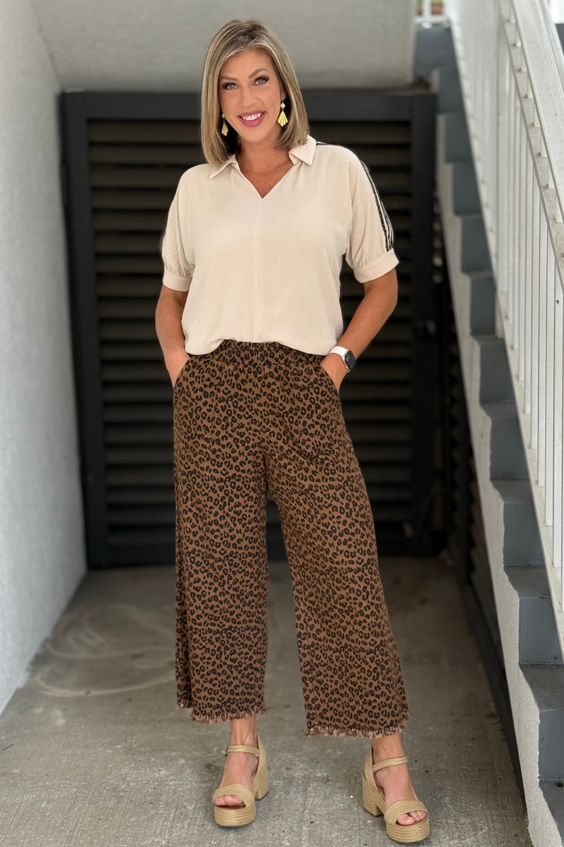 Spot On Leopard Frayed Hem Wide Leg Pants with elastic waistband