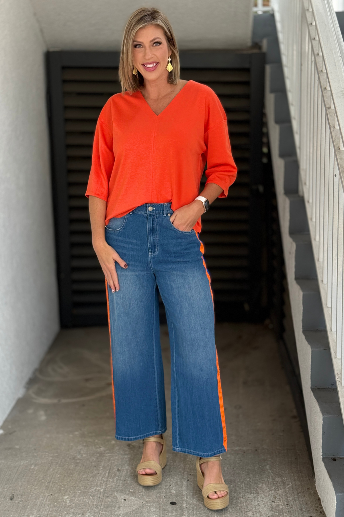 Royal and orange game day denim pants with elastic waistband