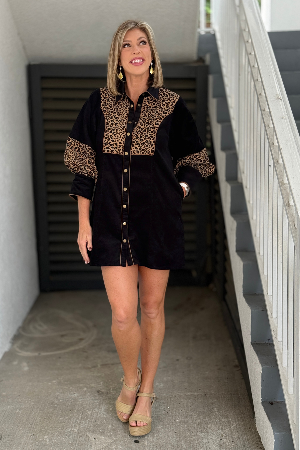 Leopard contrast black corduroy snap front dress