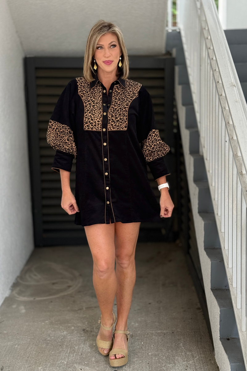 Black corduroy dress with leopard print front detail