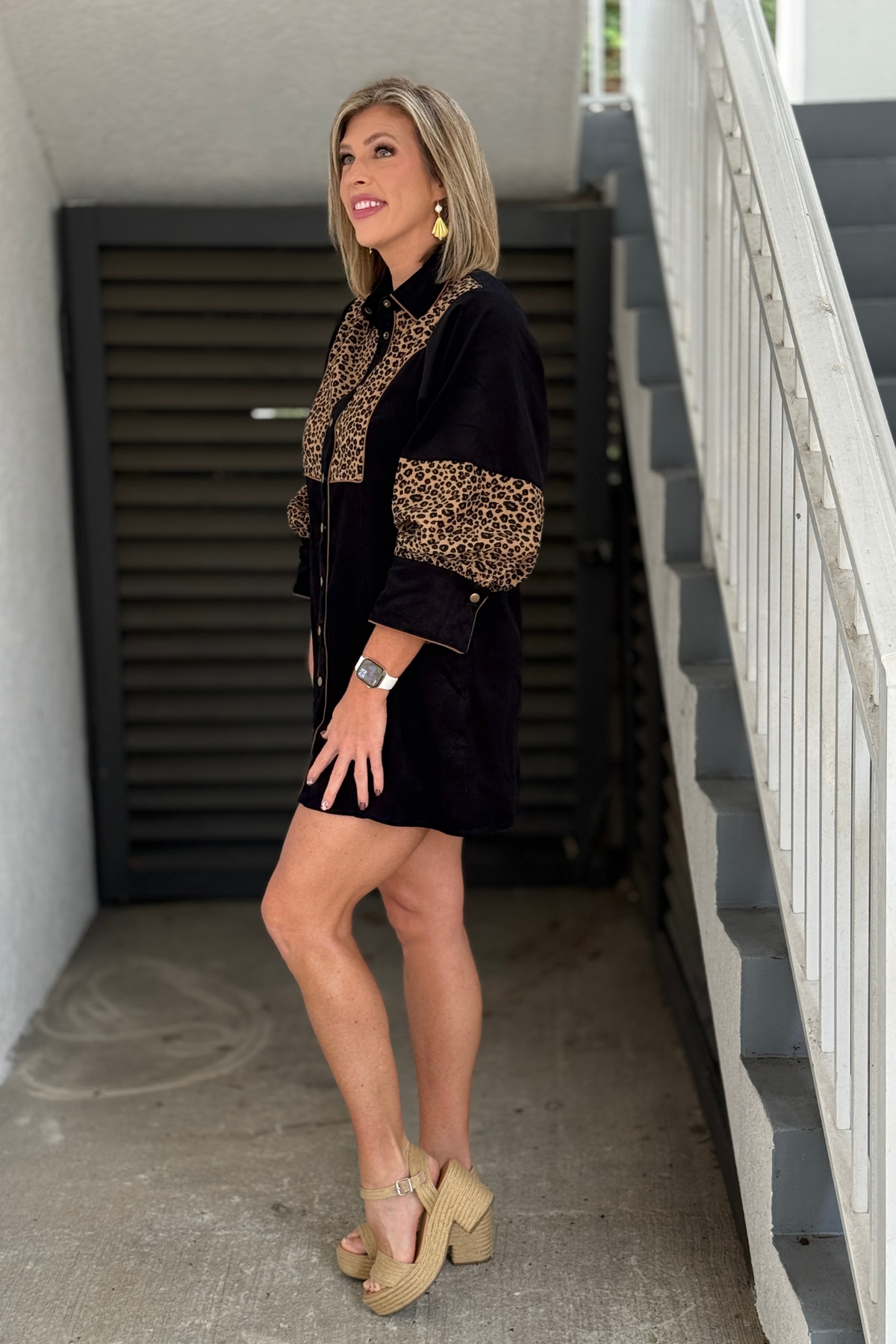 Leopard print contrast corduroy dress with side pockets