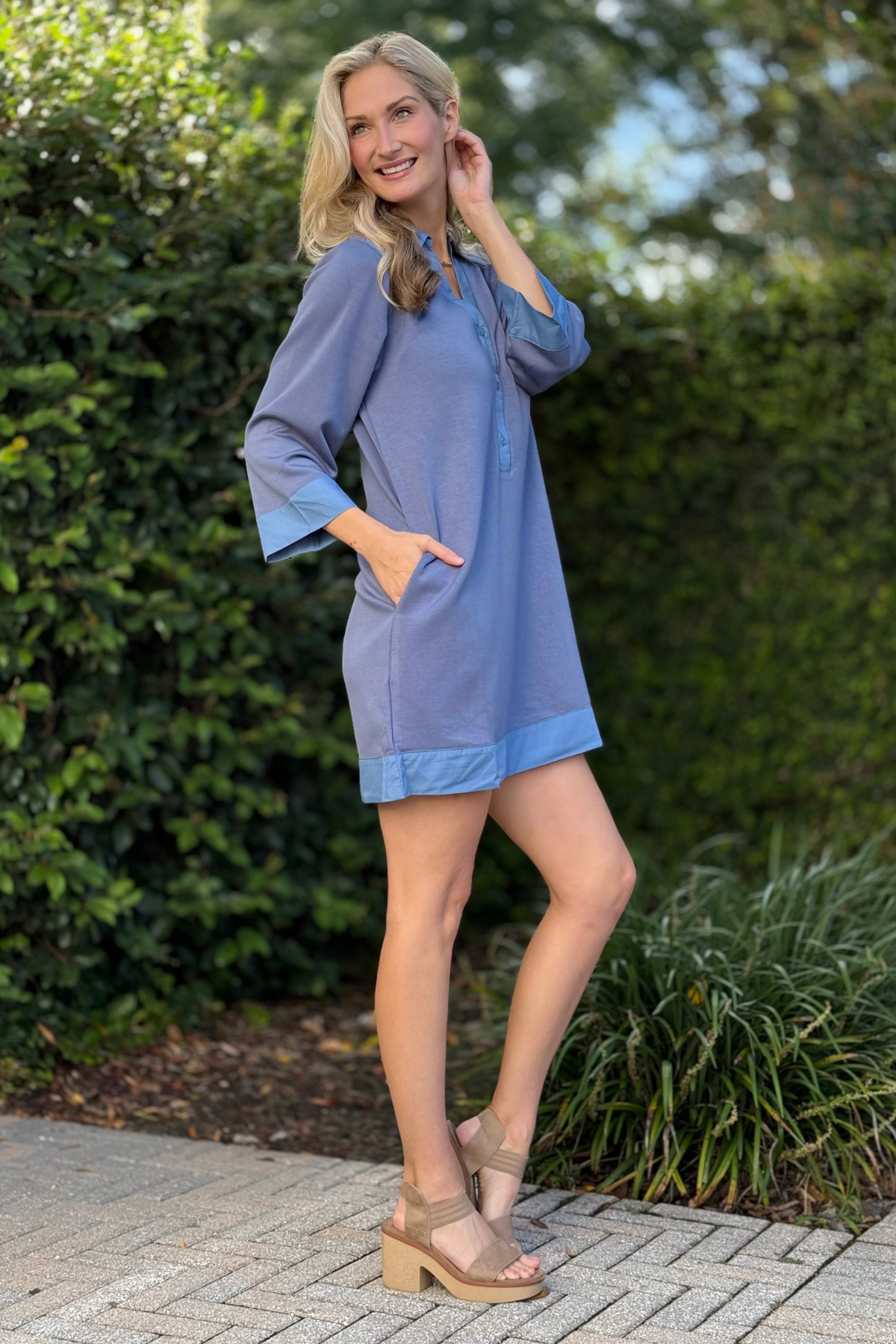 Women’s 3/4 sleeve blue shift dress outdoor photo
