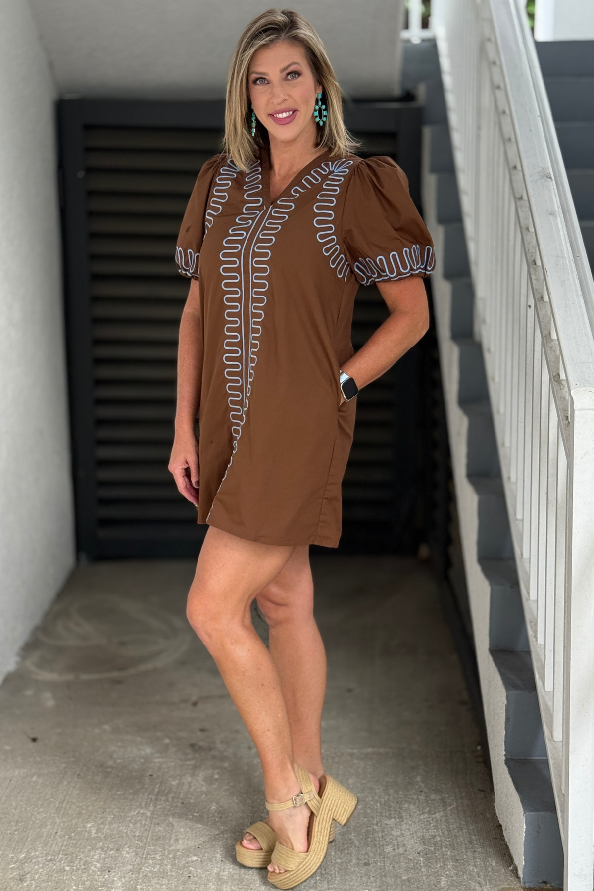Brown Embroidered Puff Sleeve Shift Dress | The Pink Nickel Boutique – Women's Clothing Boutique