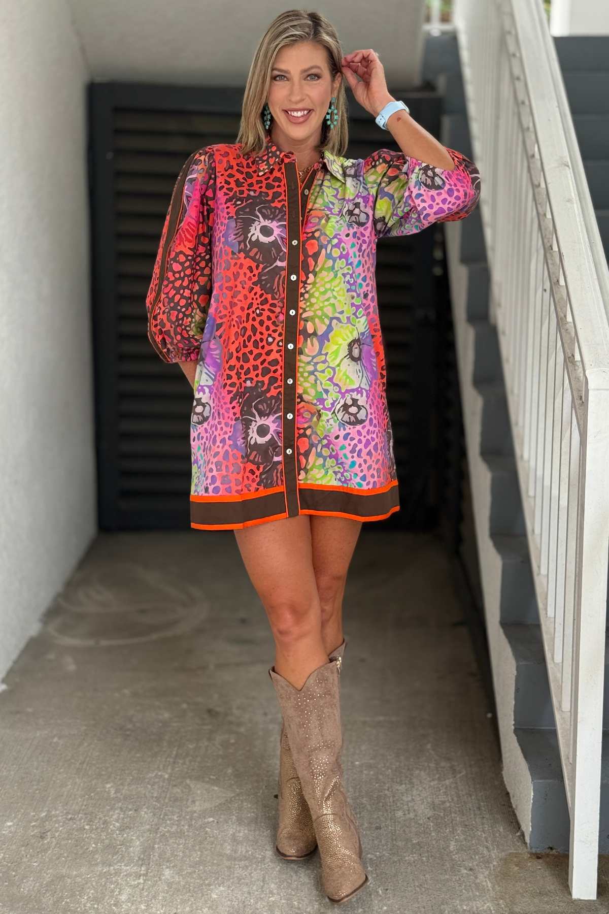 Leopard floral button-front shirt dress.