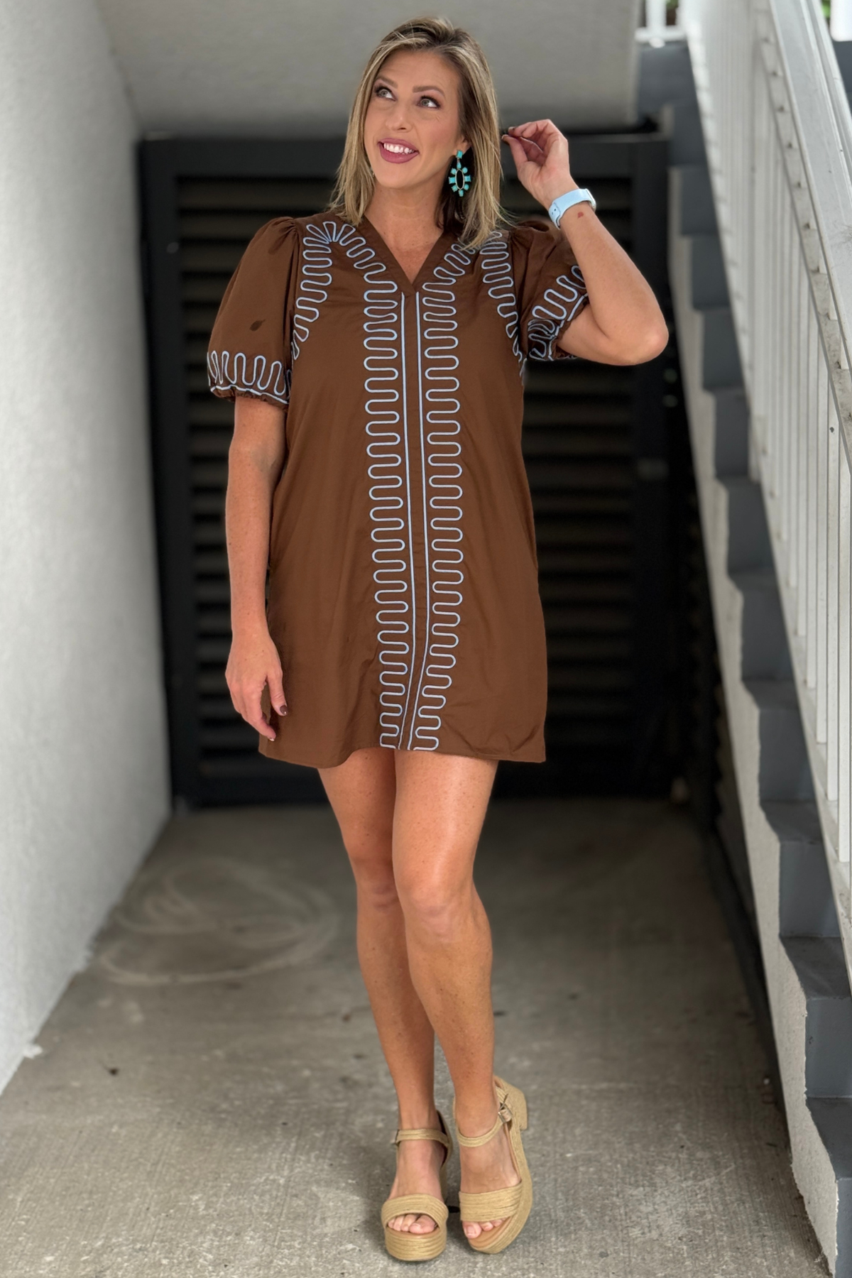 Brown Embroidered Puff Sleeve Shift Dress | The Pink Nickel Boutique – Women's Clothing Boutique