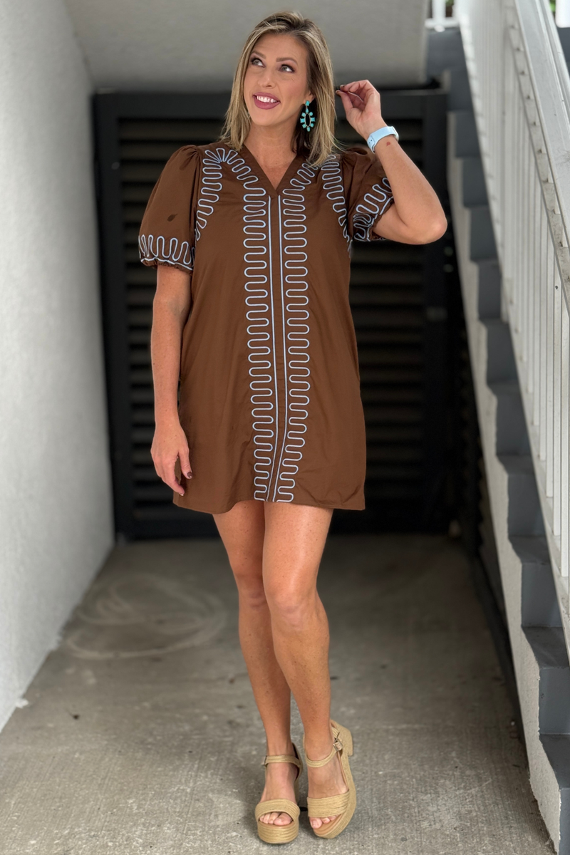Brown embroidered puff sleeve shift dress front view