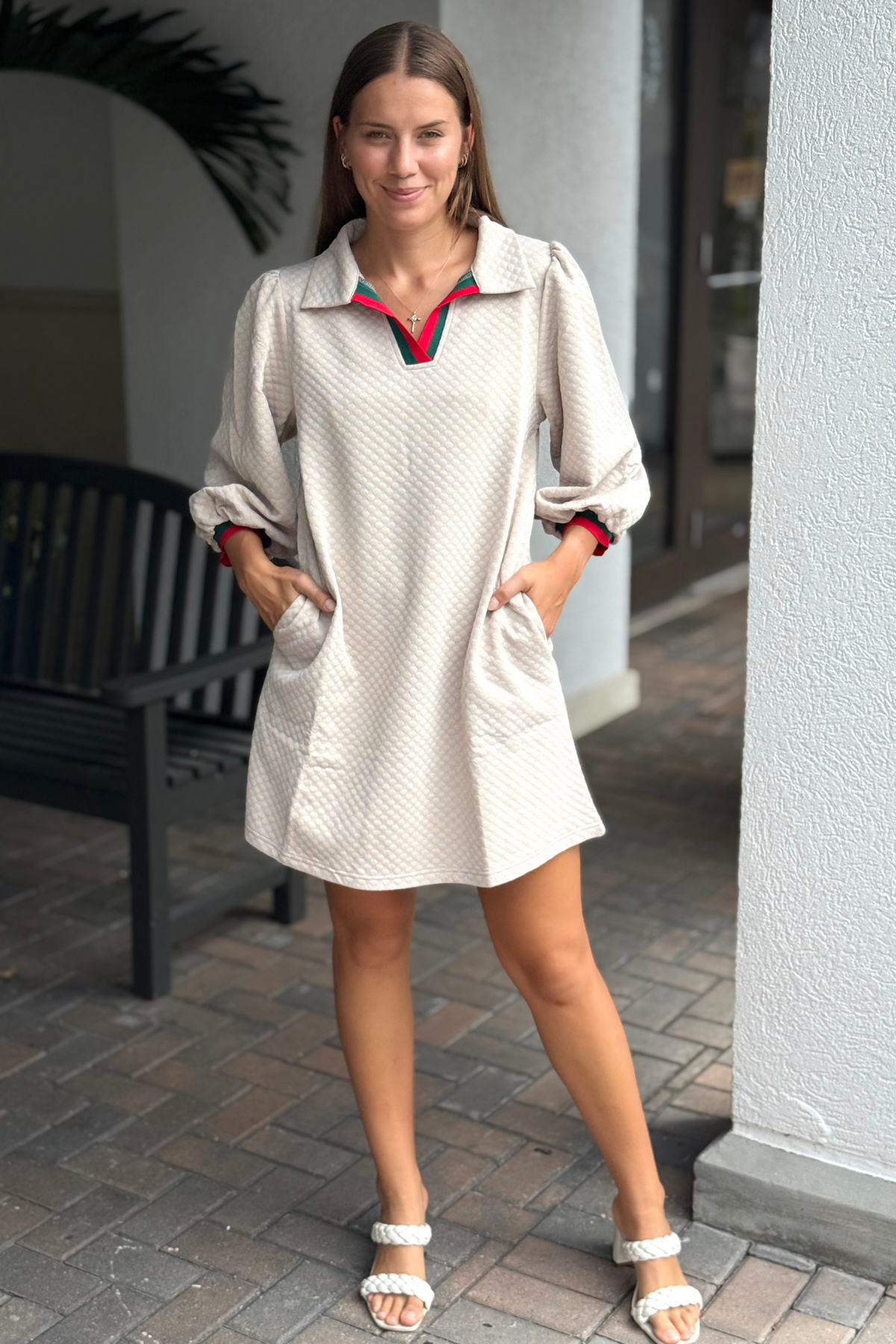 Hayride Hollow Textured Puff Sleeve Dress in Beige