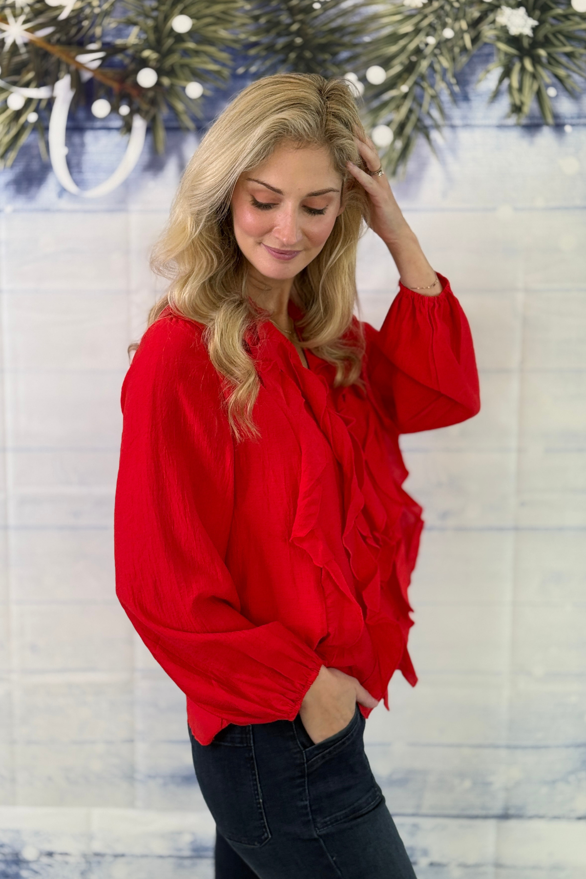 Red Christmas party blouse for women with long sleeves and ruffle detail