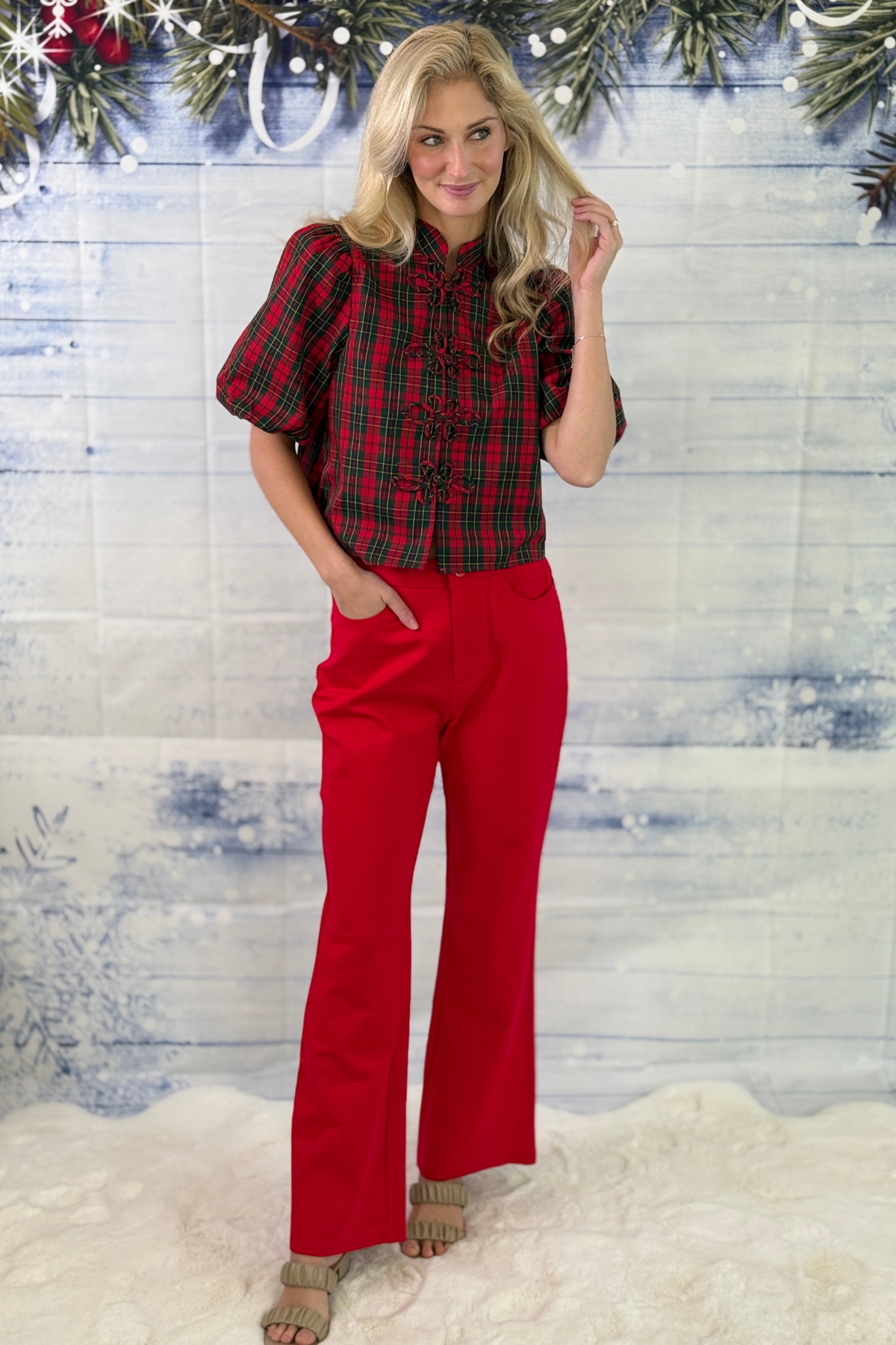 Holly Jolly red bootcut pants with tartan plaid top