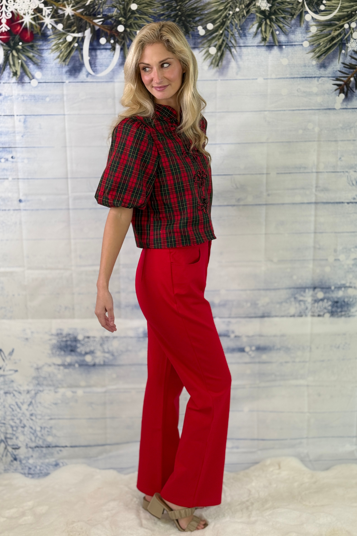 Women’s red stretch dress pants with side pockets