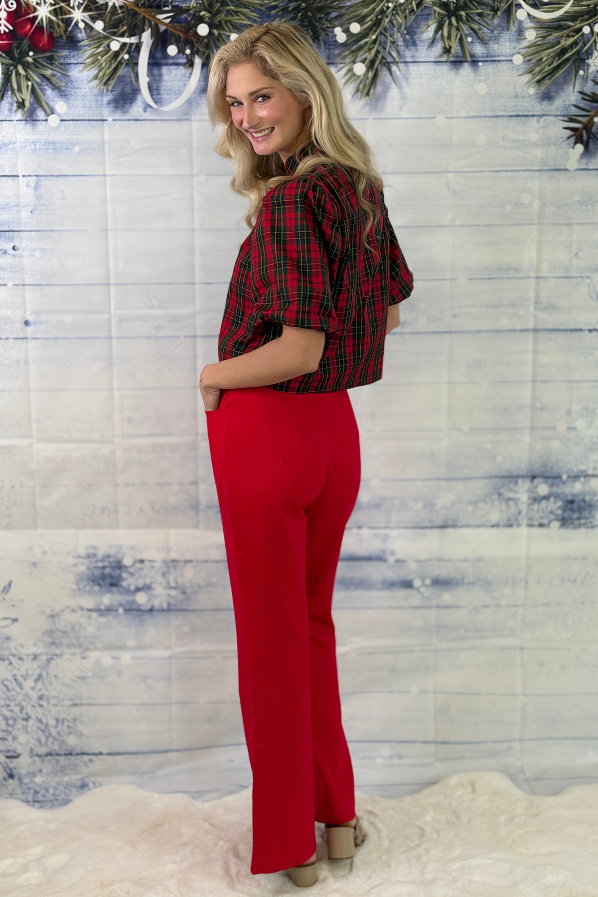 Red bootcut slacks for Christmas party outfits
