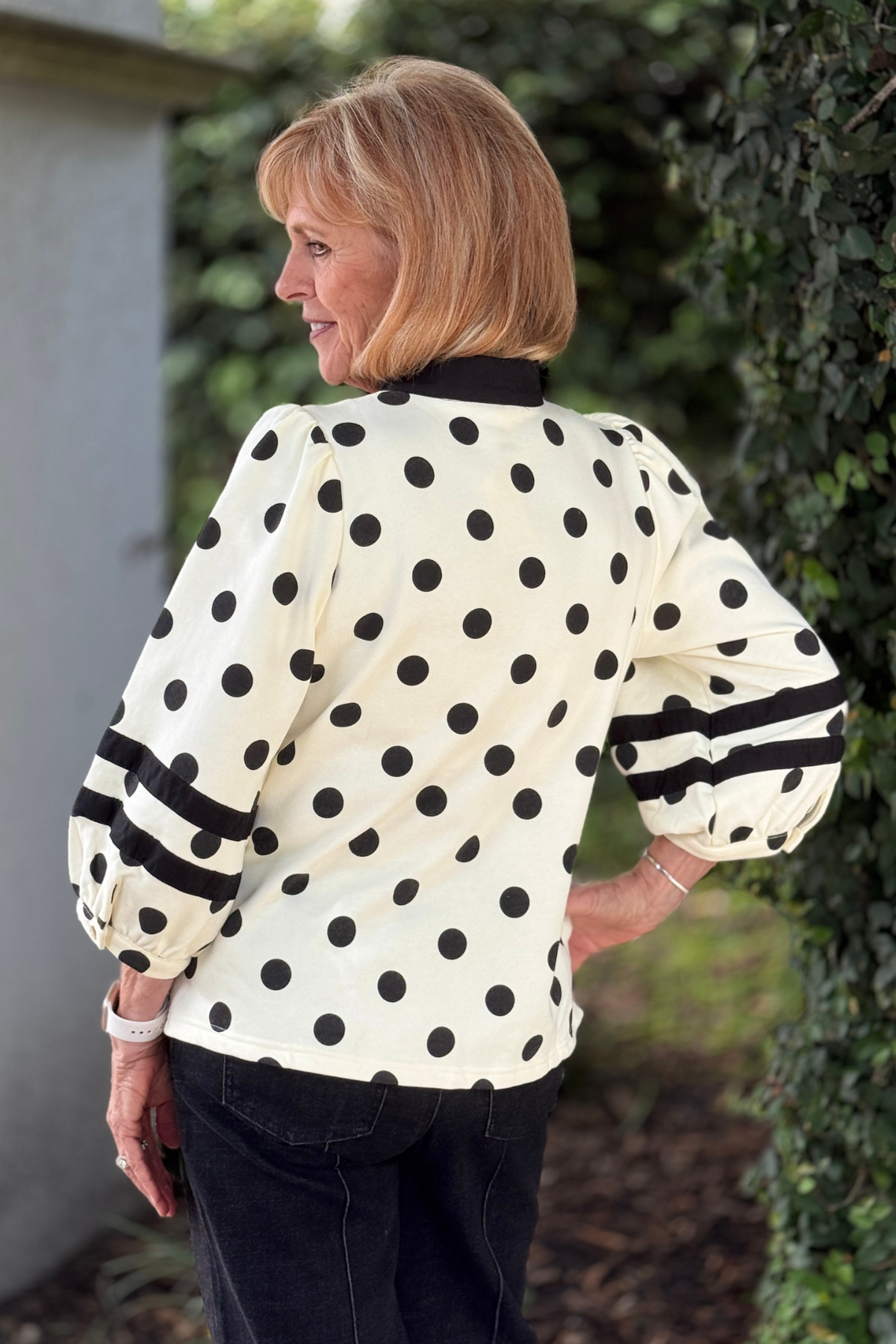 Trending women's polka dot top with contrast trim