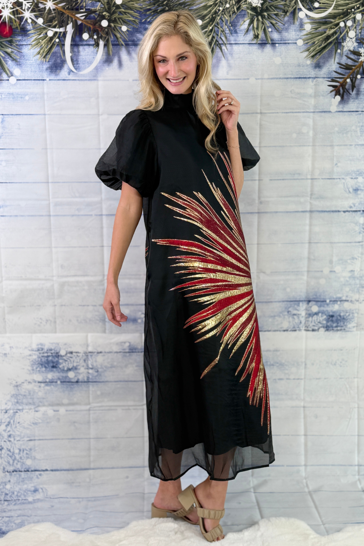 Red and gold metallic holiday midi dress for Christmas 2026