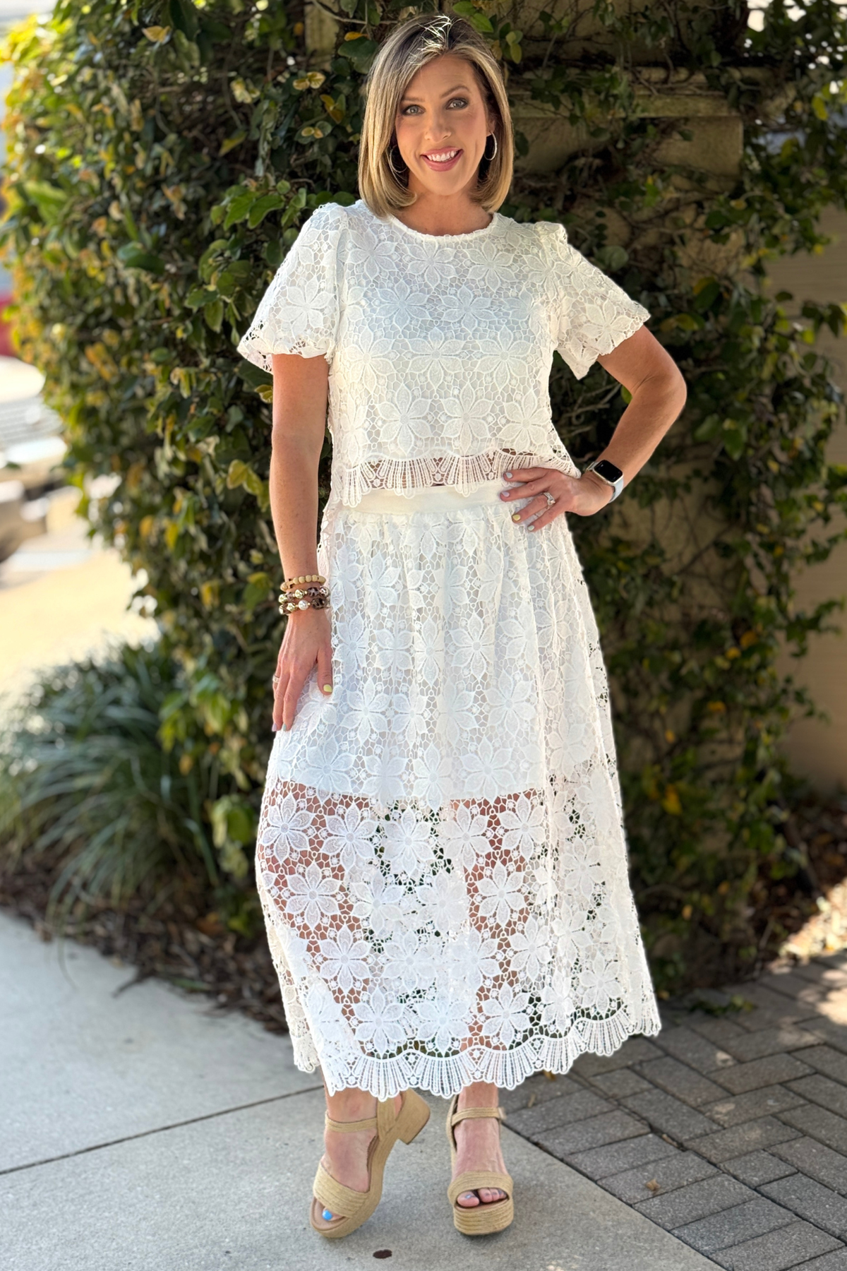 floral lace skirt front view elegant midi length