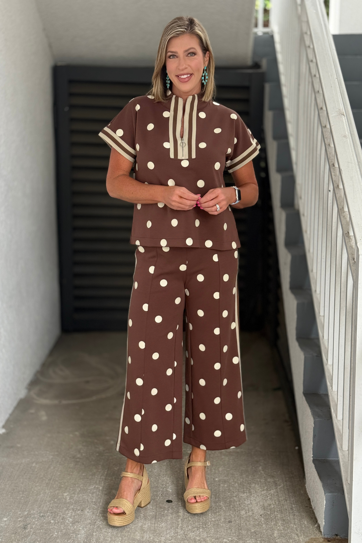 Women's two-piece polka dot outfit.