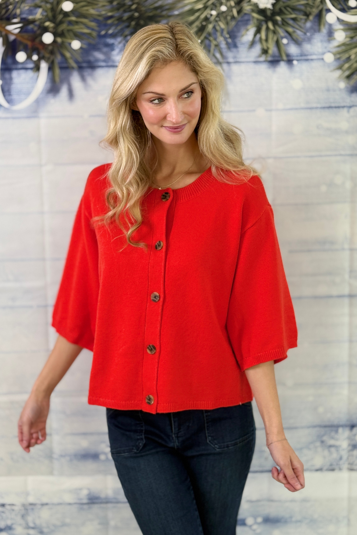 Women's tomato red button front sweater cardigan  