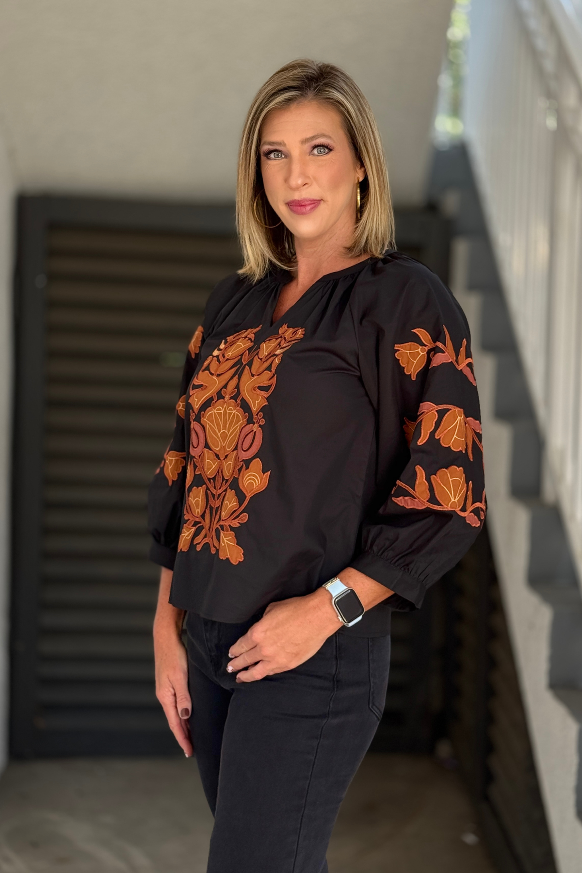 Women's black 3/4 sleeve embroidered blouse