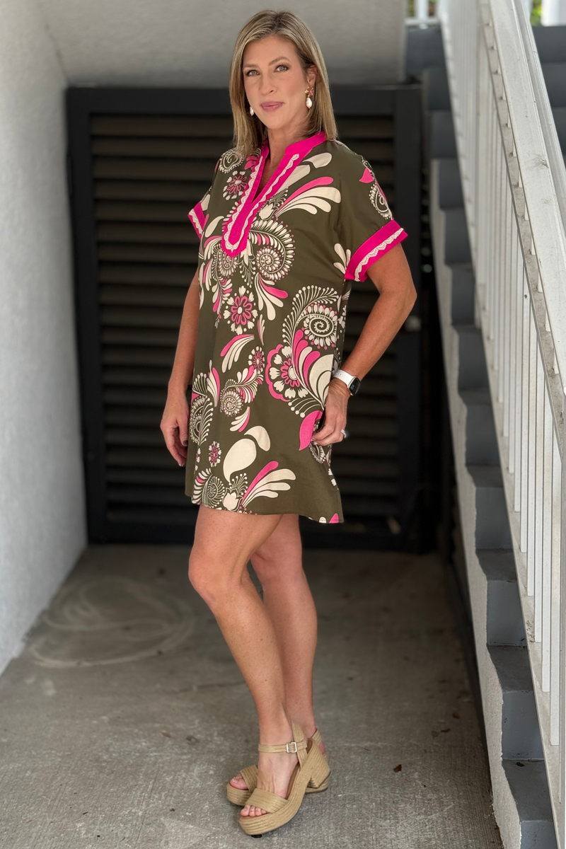 Olive floral short sleeve women’s dress with pockets