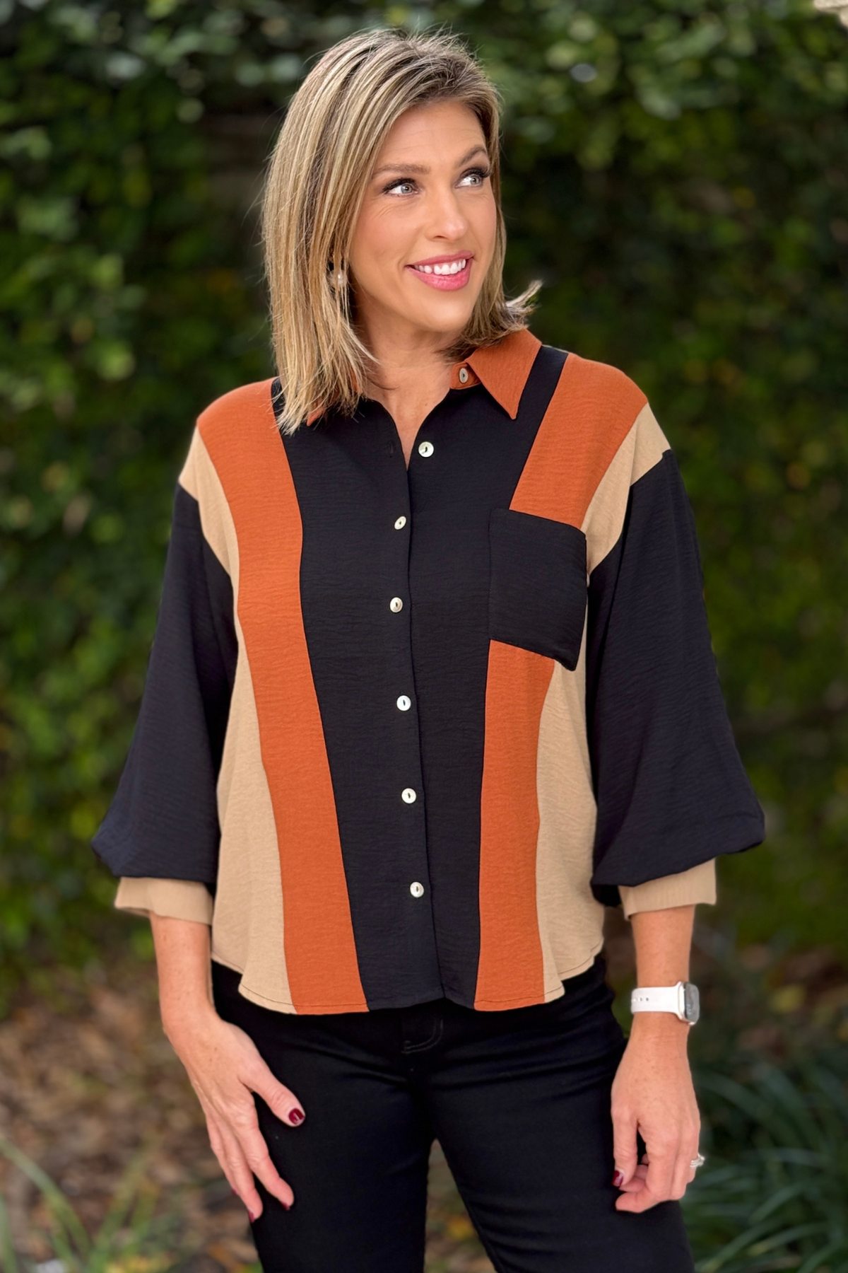 Black mix colorblock top with three-quarter puff sleeves